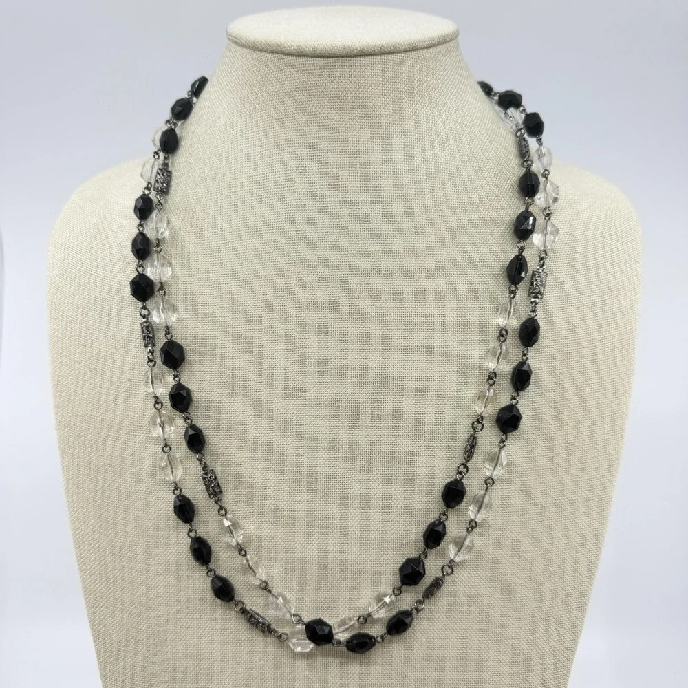 Black Clear Faceted Bead Double Strand Necklace Gunmetal Gothic Statement Gift